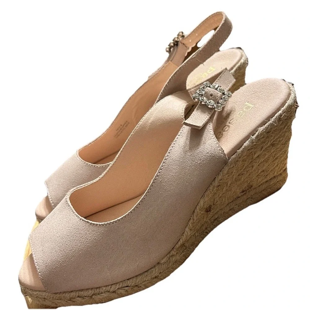 Paseart Spain Leather‎ Suede Jute Espadrille Wedge Sandals Peep Toe Rhinestone 9
